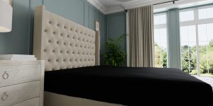 Black custom sheets on bedroom mattress