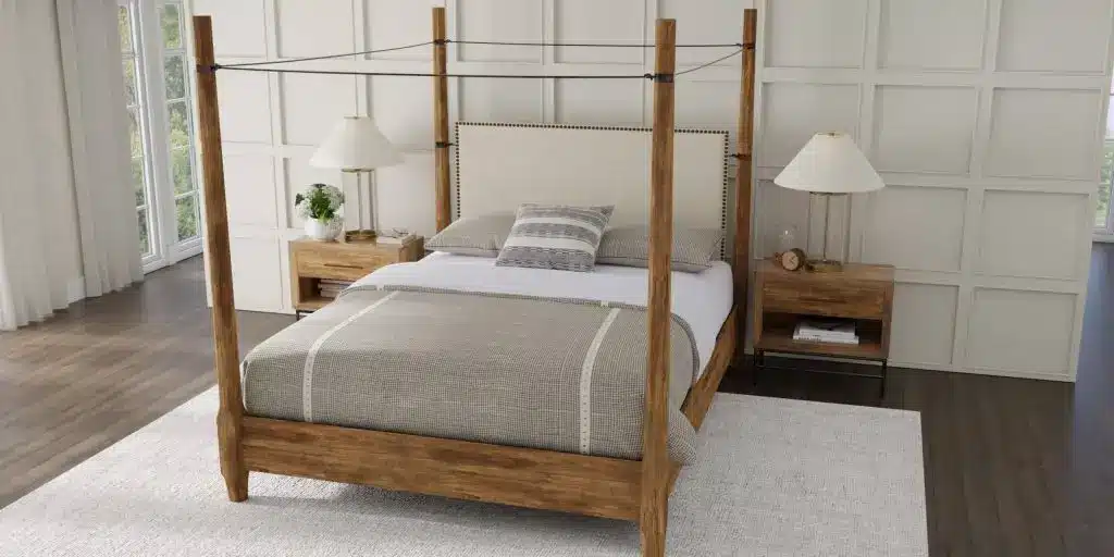 Texas King bed mattress on wooden canopy frame in bright bedroom