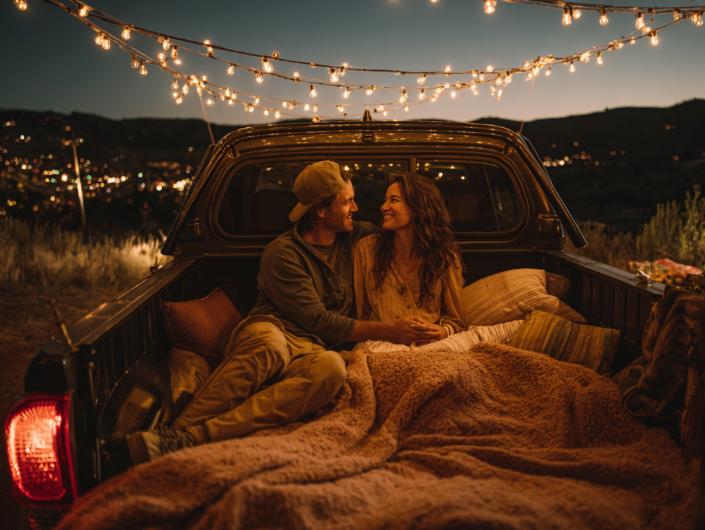 Couple camping in truck bed