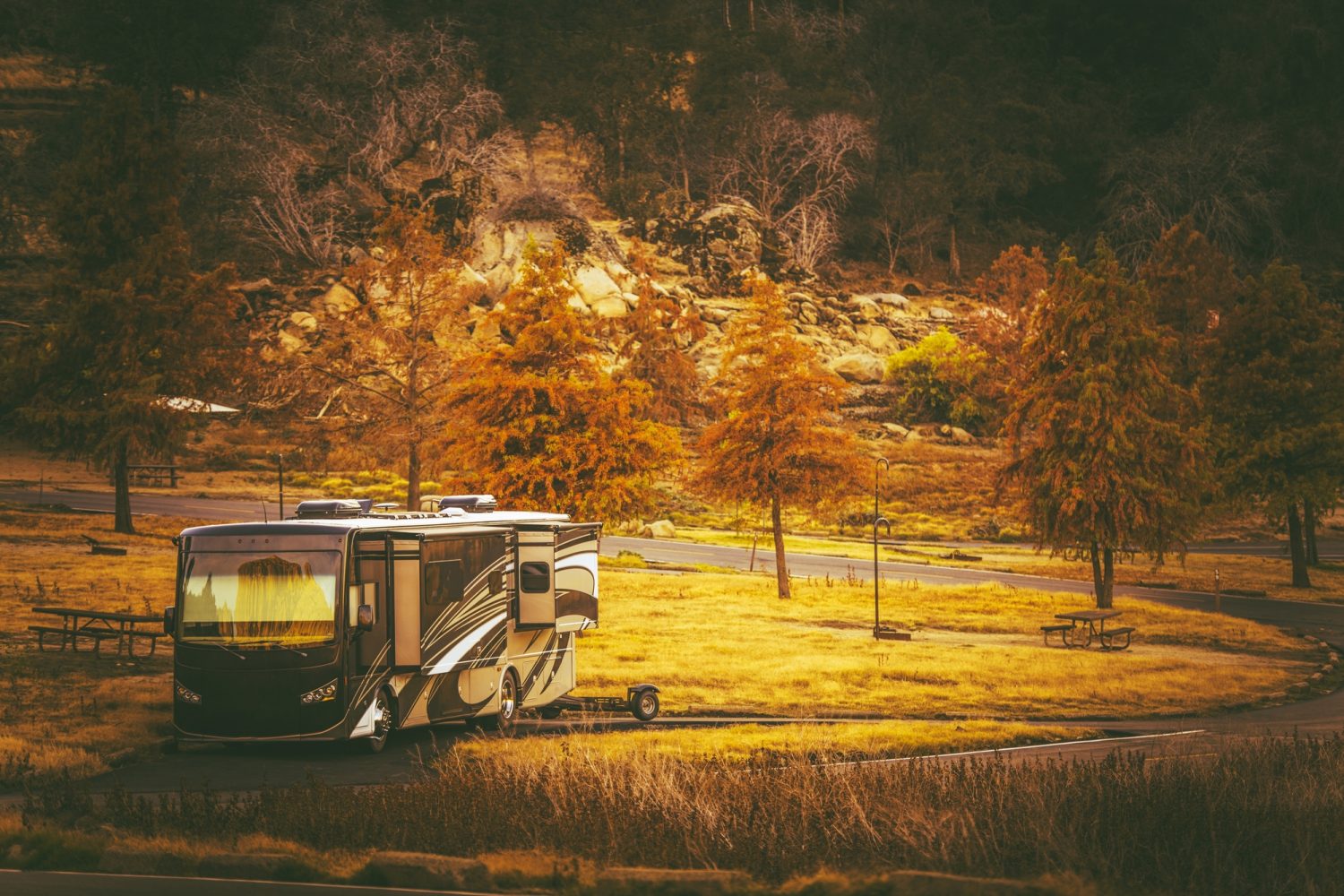 RV camping autumn field fall foliage