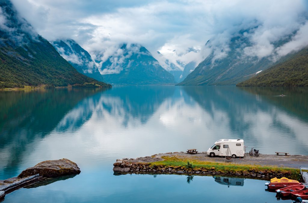 RV camping mountain lake scenic view