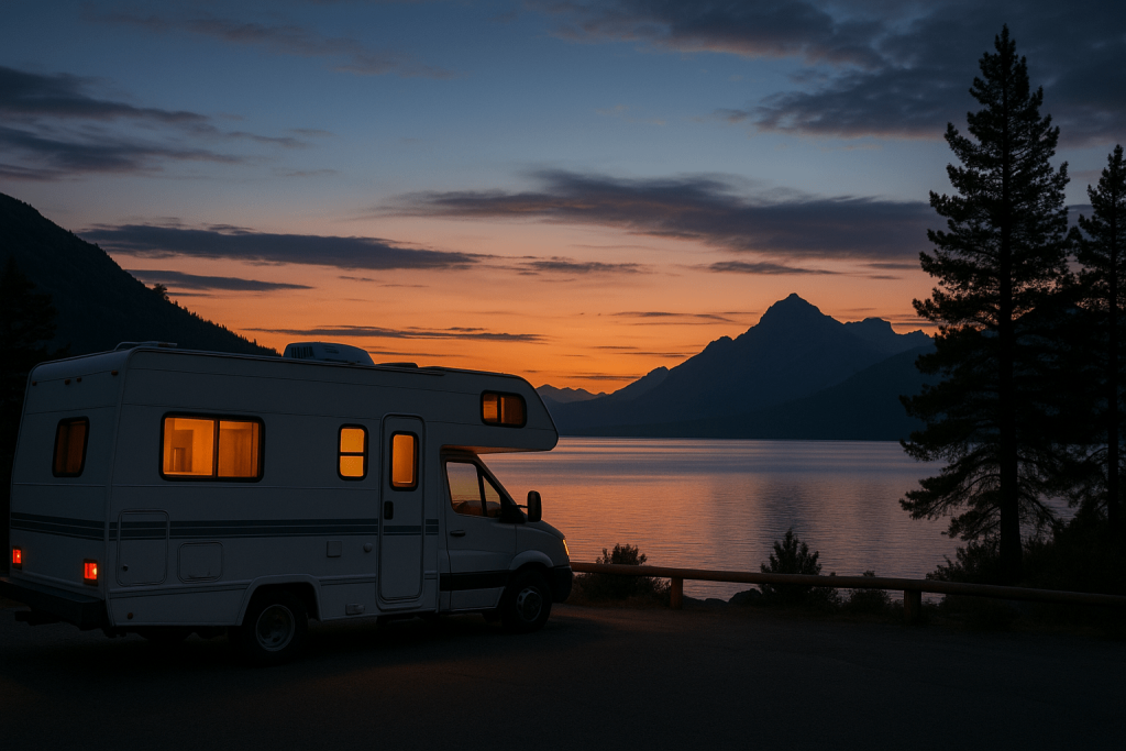 RV camper parked lakeside at sunset