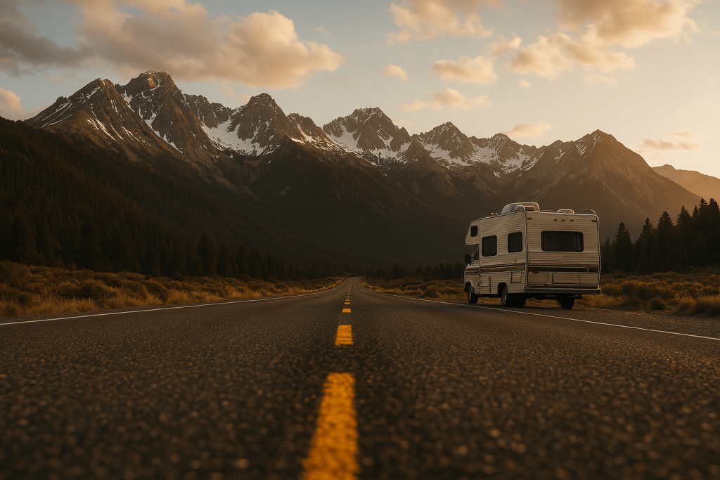 RV motorhome driving mountain road adventure