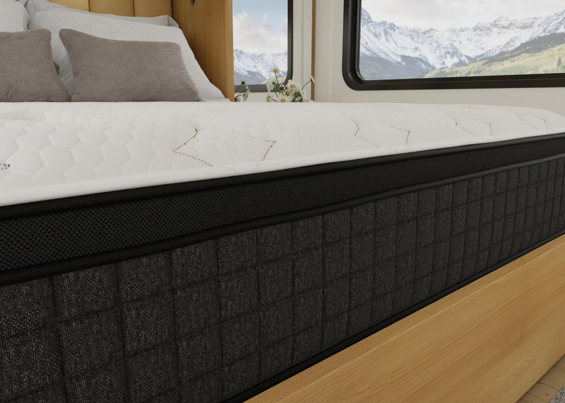RV mattress bedroom mountain view